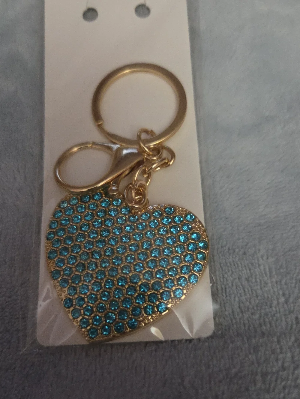Gold Keychain with Blue Crystal Heart Charm NWOT